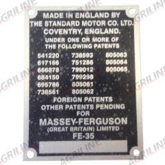 FE35 Commission Plate Std Motor Co. 15 Pat No.'s suitable for Massey Ferguson -  